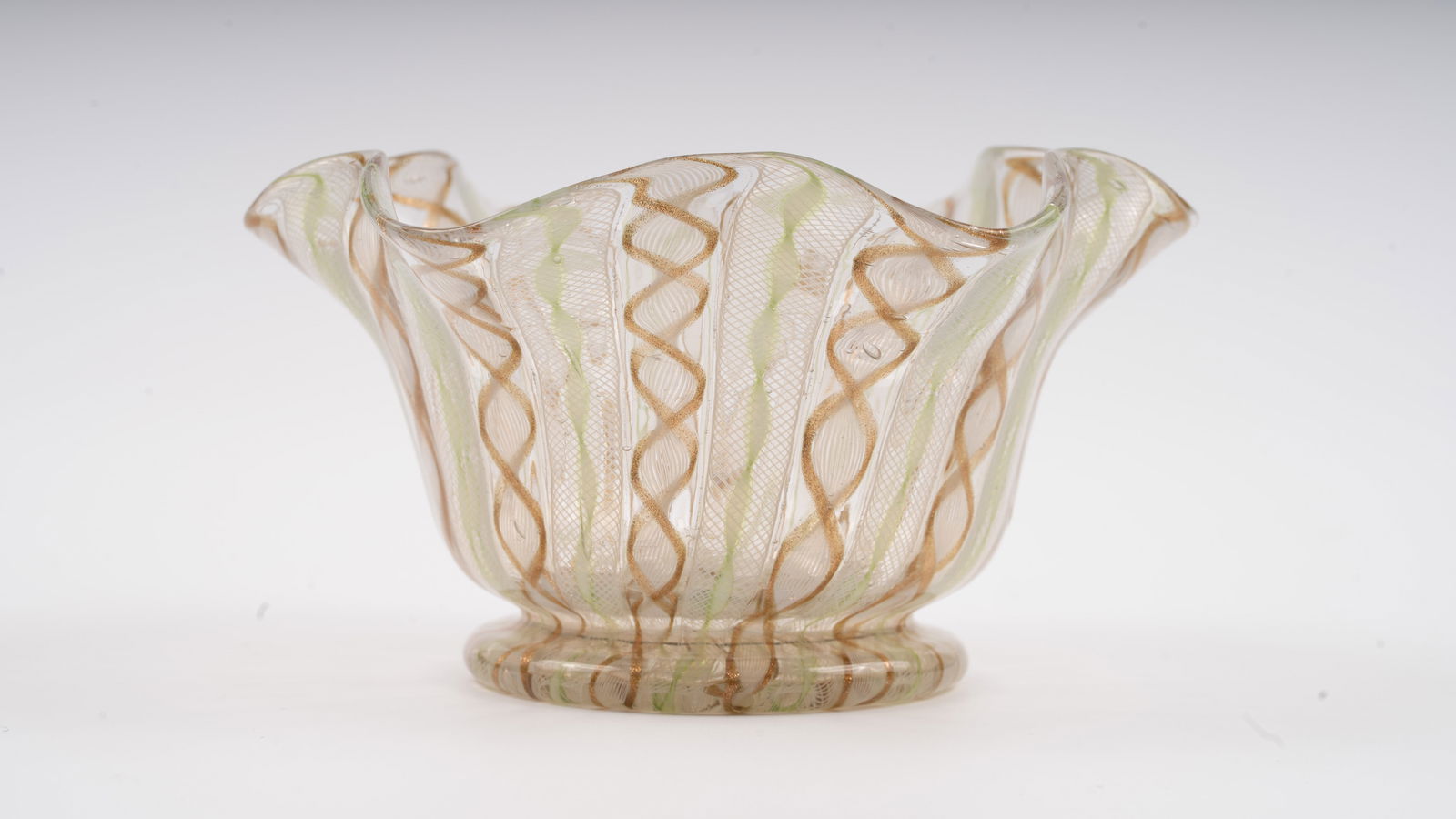Venetian Murano Ribbon Latticino Ruffled Edge Bowl (1 of 4)
