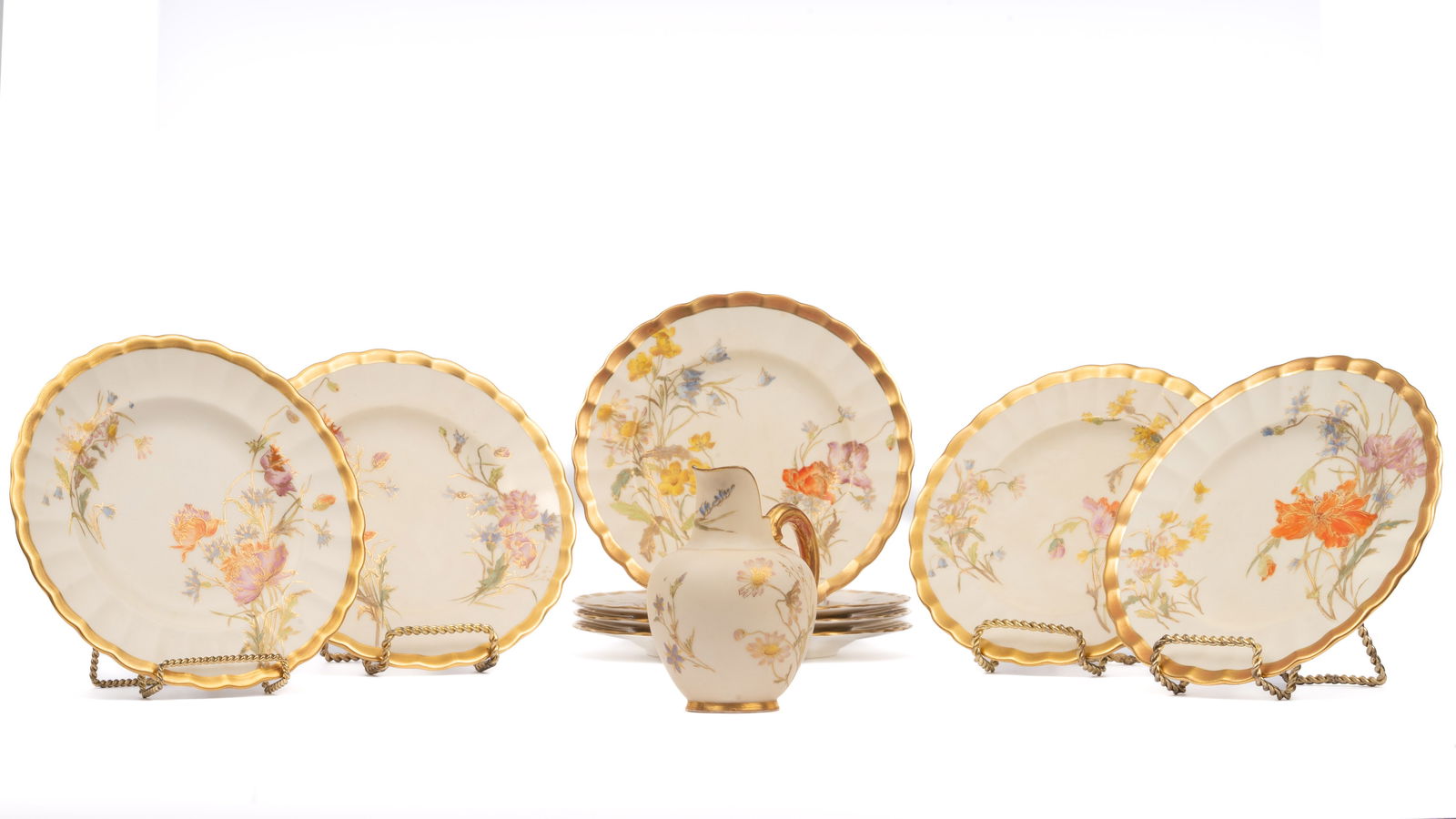 8 Antique Royal Worcester Hand Painted Floral Plates & 1 Cream Pitcher (1 of 7)