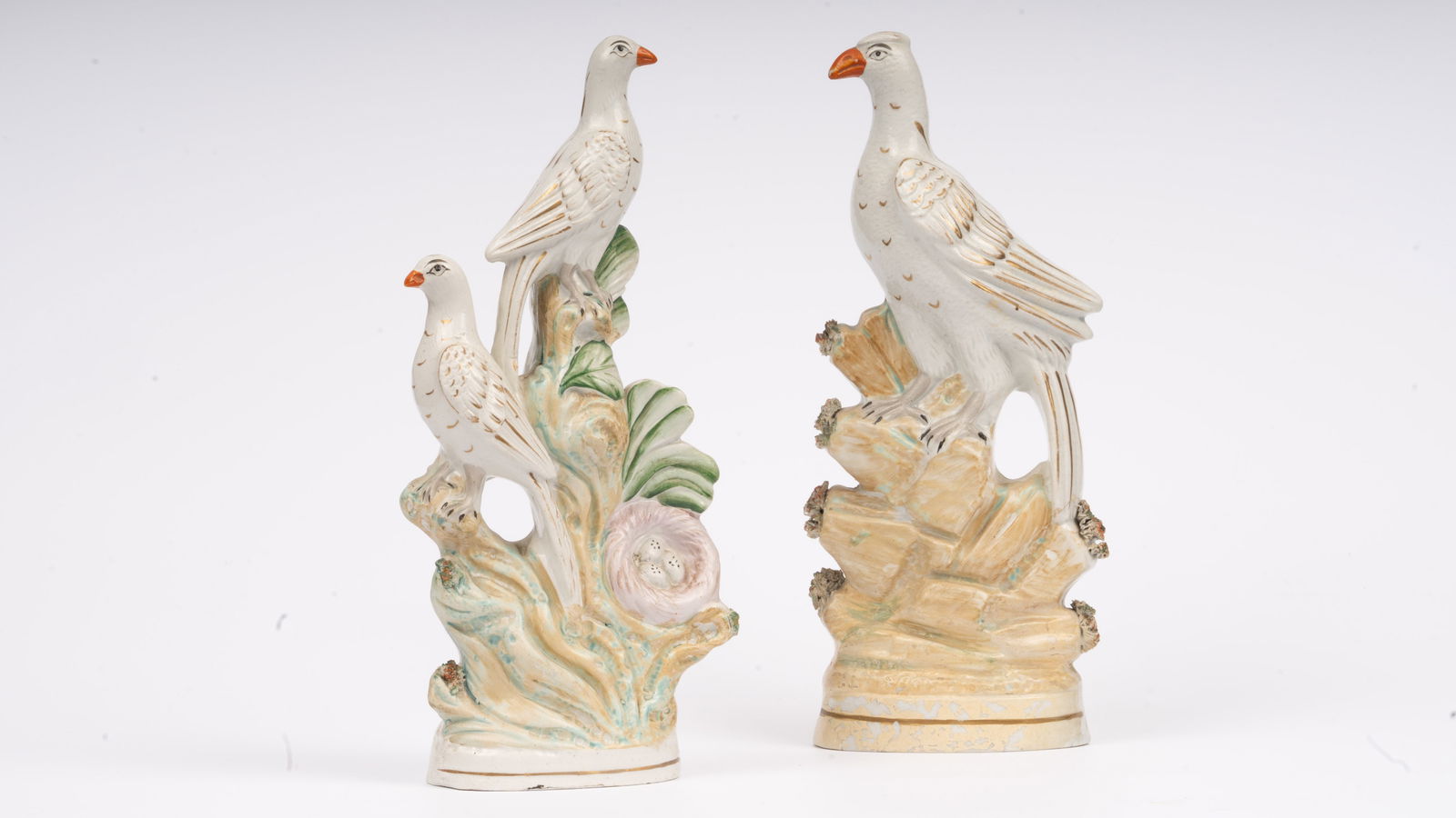 Pair of Early English Pottery Bird Figures: Nesting Doves & Rock Perch (1 of 10)