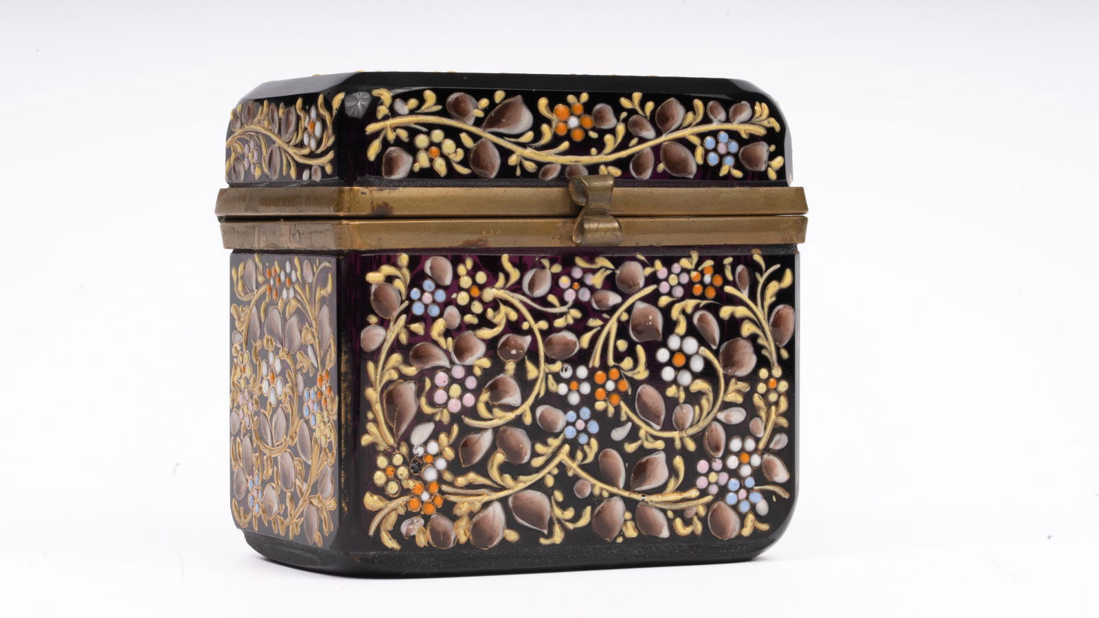 Antique Moser Floral Enameled Amethyst Glass Box Casket (1 of 3)