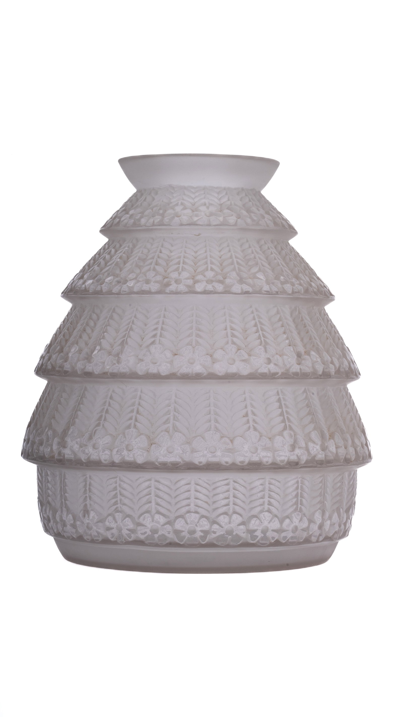 Rene Lalique 1920's Ferrieres Art Glass Vase: A striking Art Deco molded and frosted glass vase by René Lalique, titled Ferrières, circa 1927. The tiered design is composed of seven graduated bands in a geometric beehive form, each featuring al