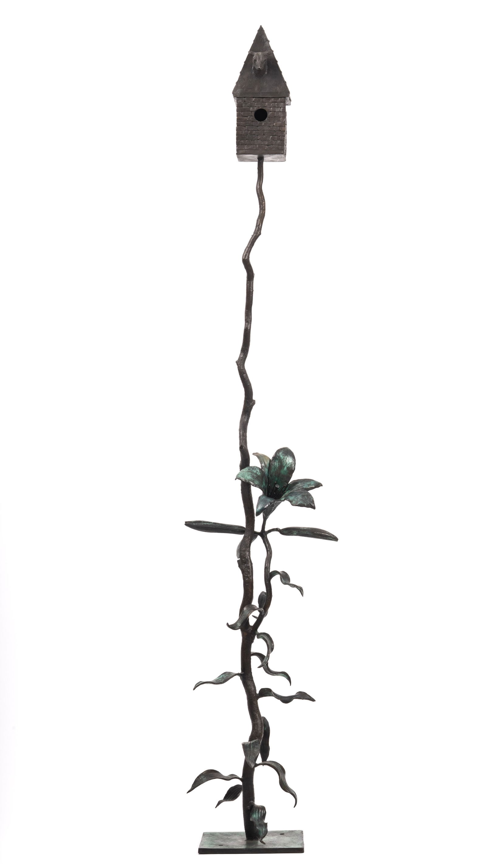Frank Fleming Patinated Bronze Tall Birdhouse on Branch with tall Calla Lily (1 of 9)