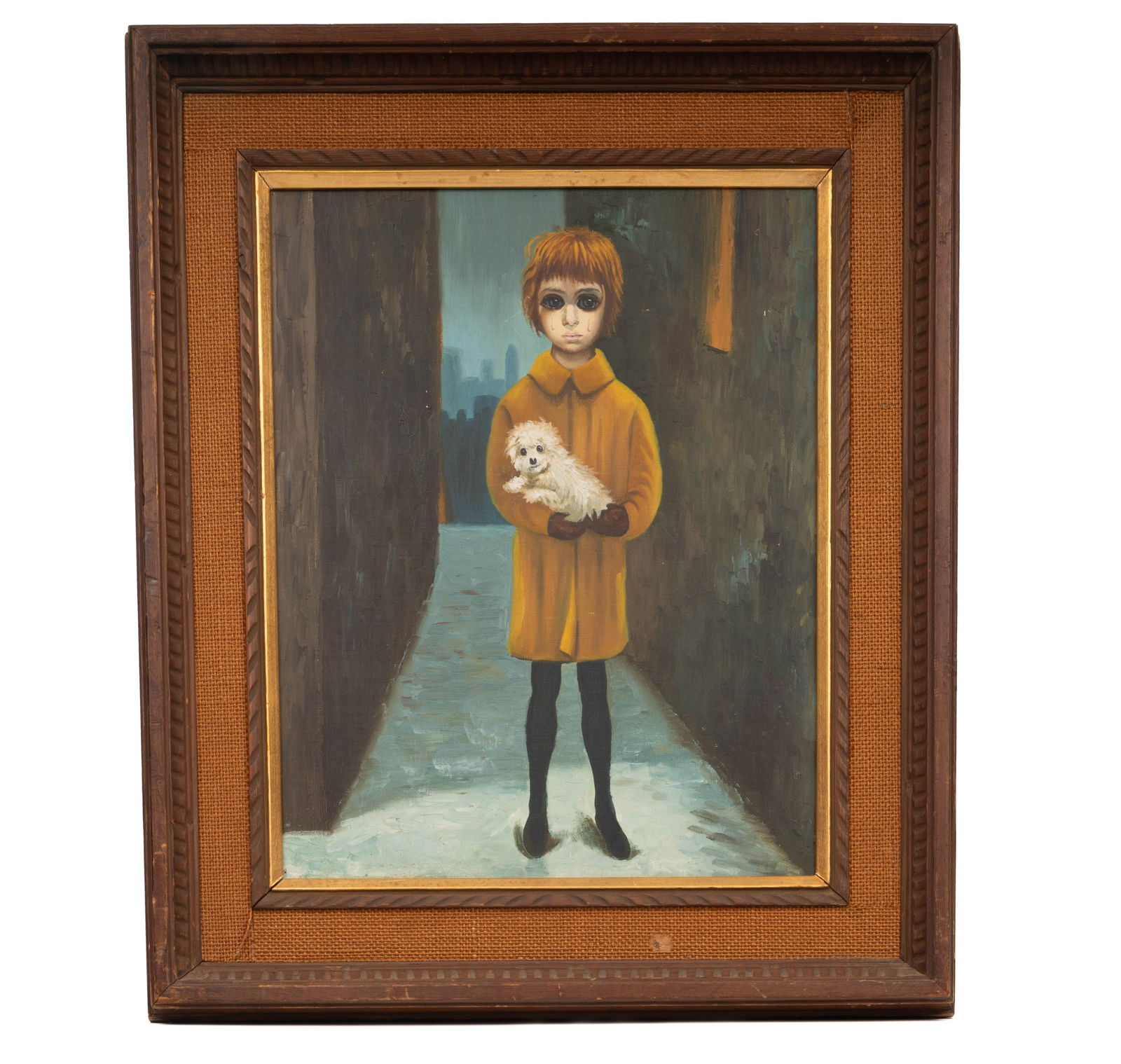 Oil Painting in the Manner of Margaret Keane, Big-Eyed Girl with Dog: Oil on canvas painting depicting a solitary child with large, expressive eyes holding a small white dog in a narrow alleyway, rendered in a somber, muted palette characteristic of the Keane school. Th