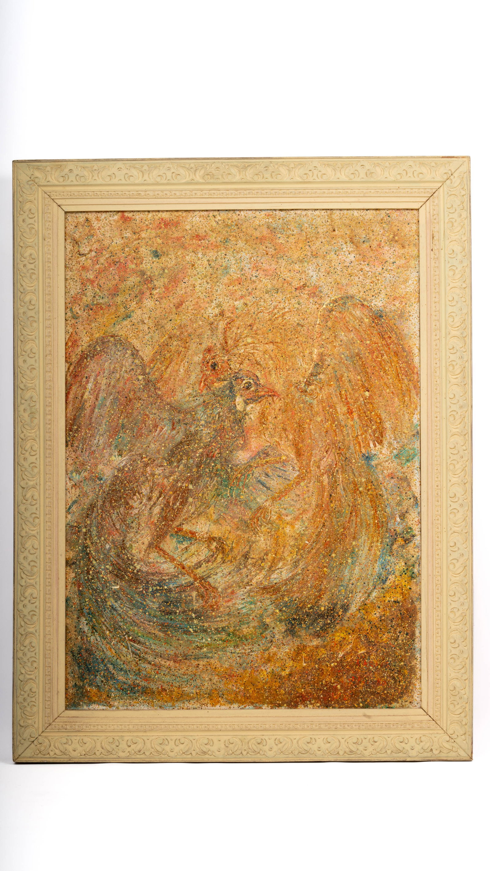 Impressionist Abstract Painting of Roosters in Motion, Unsigned: A dynamic and textural oil on canvas composition depicting two roosters in a flurry of expressive movement, rendered in a palette of gold, rust, blue, and ochre. The artist's vigorous, swirling brushw
