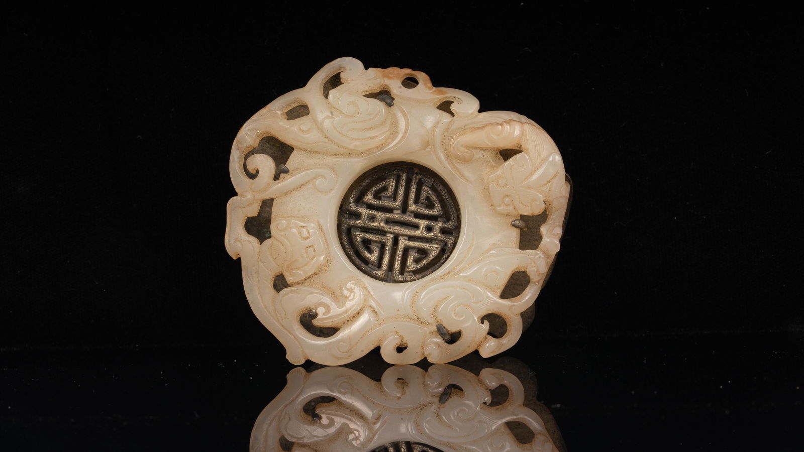 Chinese Carved White Jade in Silver-plate Setting (1 of 5)