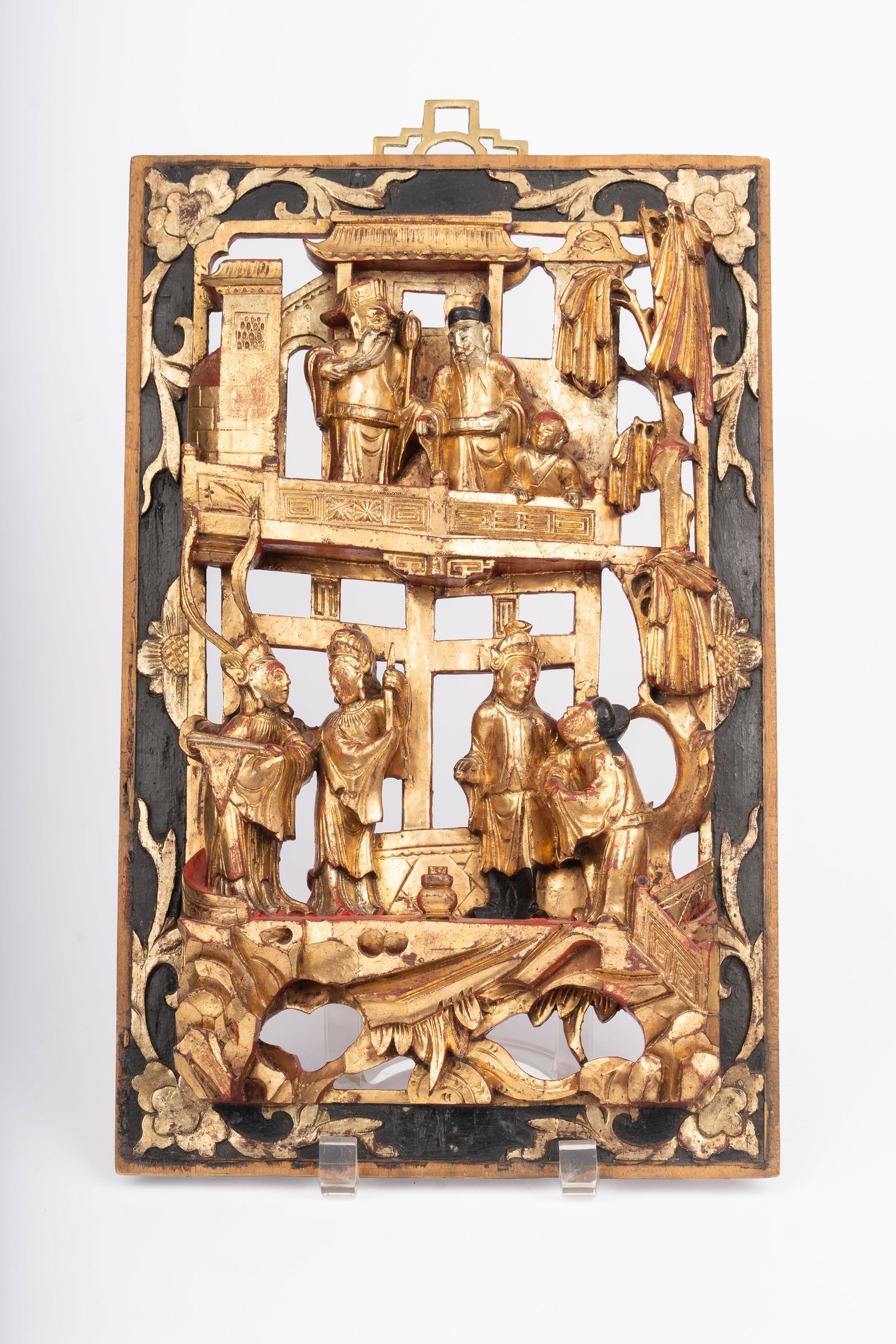 Chinese Red Lacquer Deep Relief Gilt Carved Wood Panel (1 of 6)