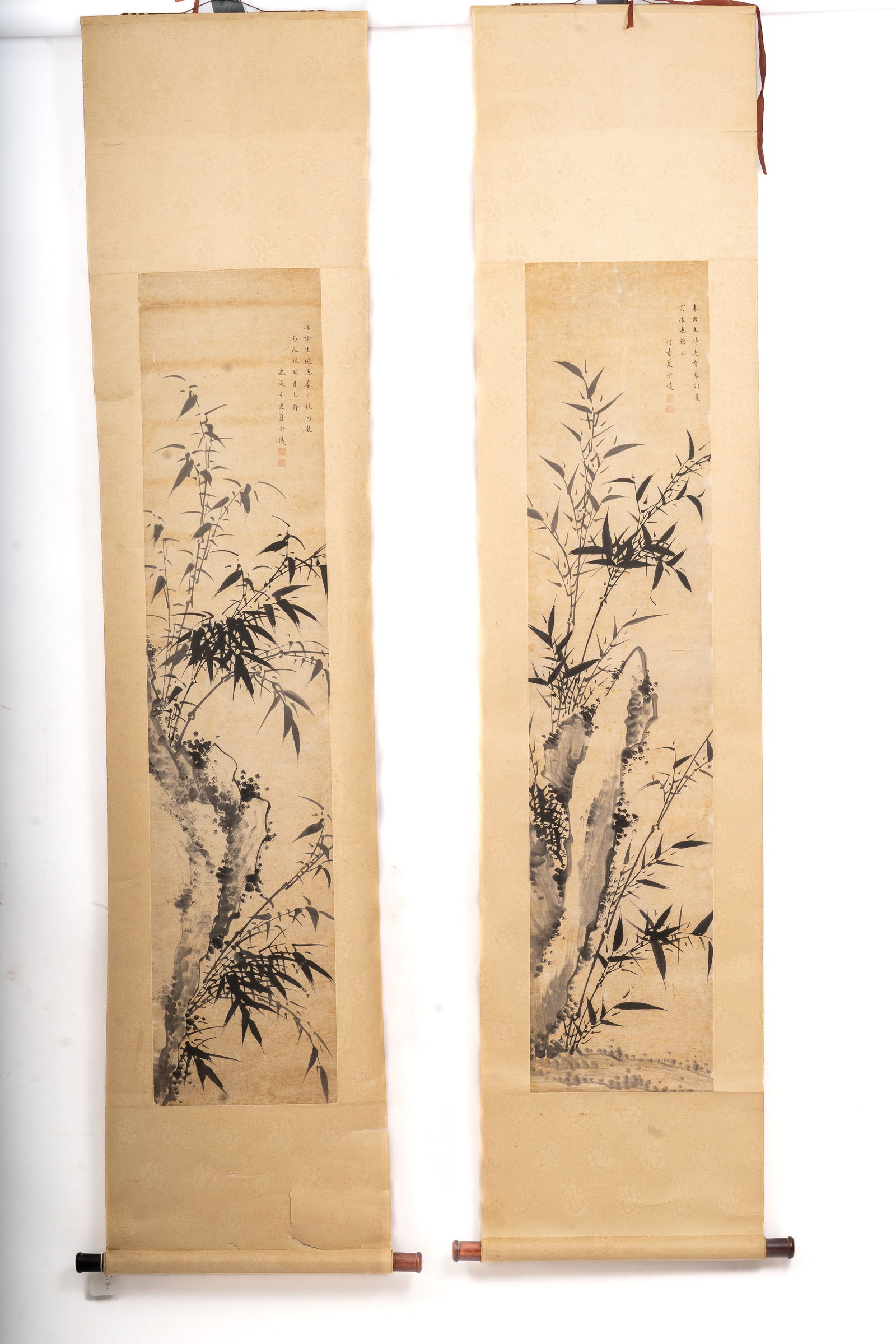 Pair of Chinese Hanging Scrolls, Ink Bamboo Paintings by Xia Lingyi (1 of 8)
