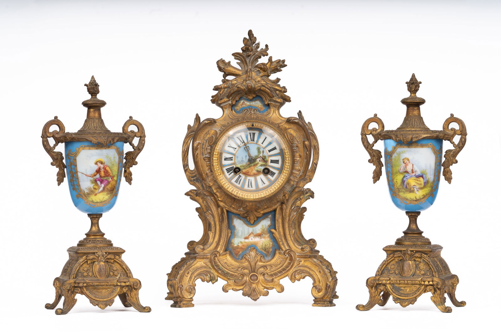 French Gilt Bronze and Sevres-Style Porcelain Garniture Clock Set (1 of 7)