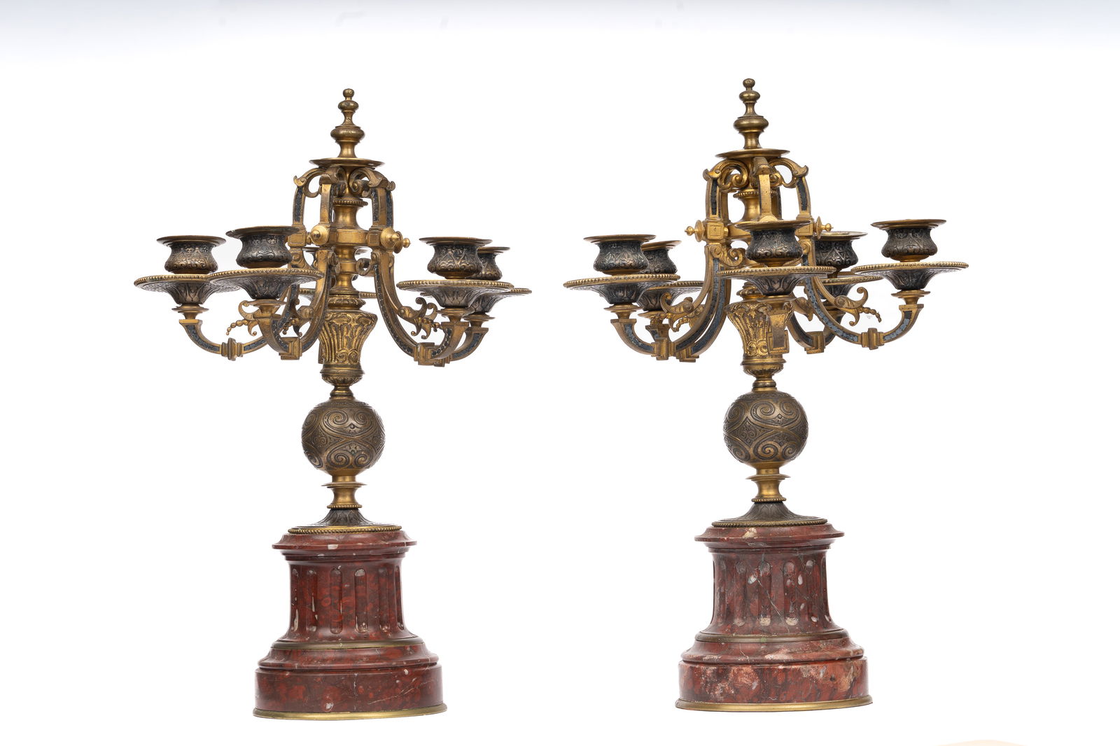 Pair of French Neoclassical Gilted Five-Light Candelabra on Red Marble Bases (1 of 4)