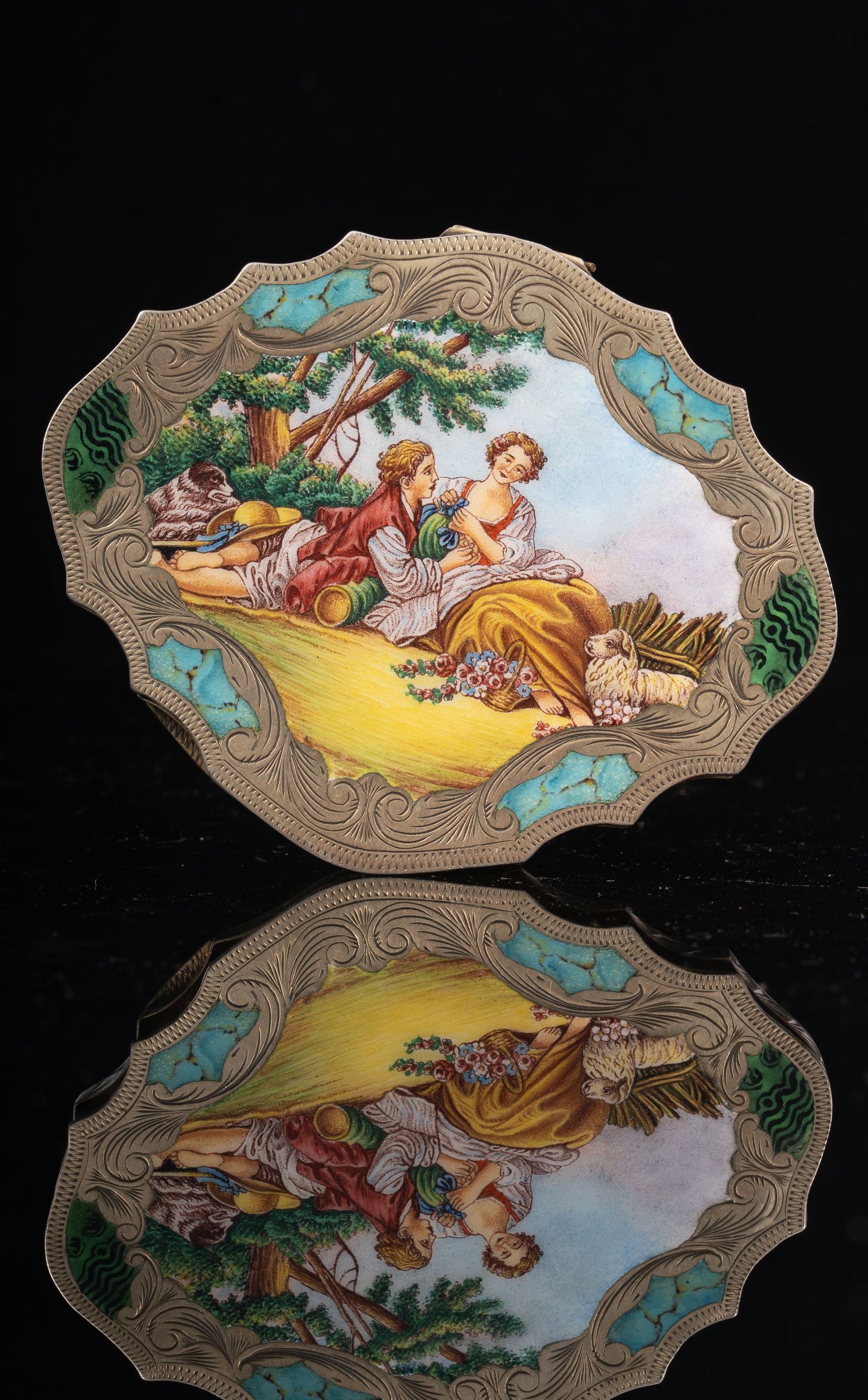 German Silver and Enamel Powder Box, Hand Painted, Early 20th Century (1 of 5)