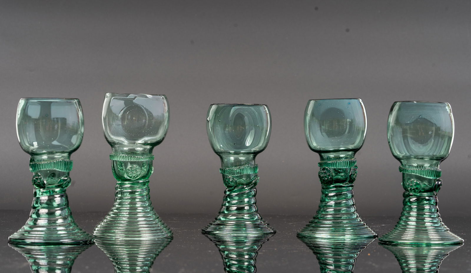 Collection of Five Blown Green Glass Rummer Goblets (1 of 5)