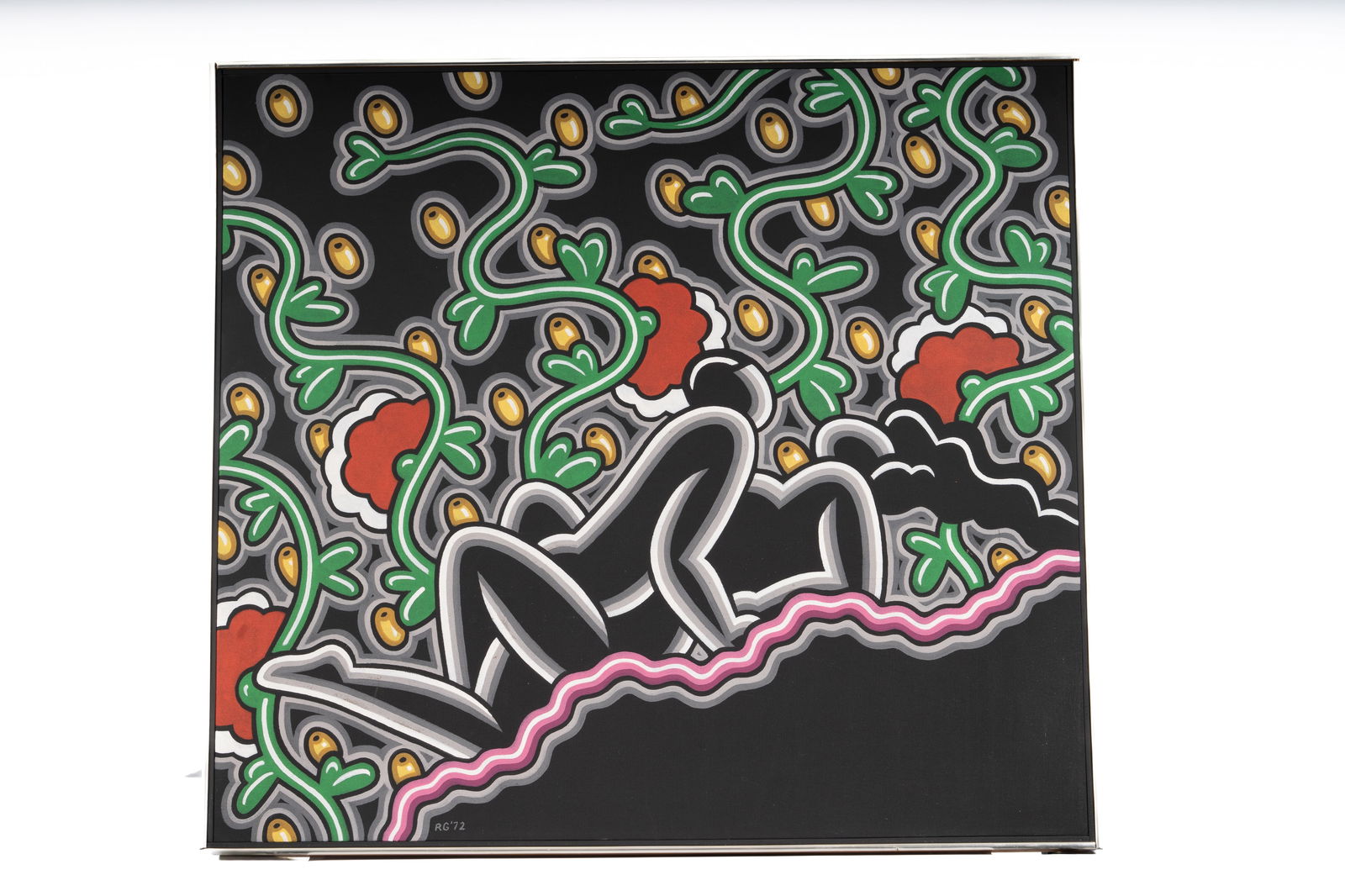 Robert Gordy (1933-1986) Erotic Painting: A bold and stylized erotic painting by acclaimed New Orleans artist Robert Gordy, dated 1972. Executed in his signature graphic style, this work features interlacing organic forms and silhouetted figu