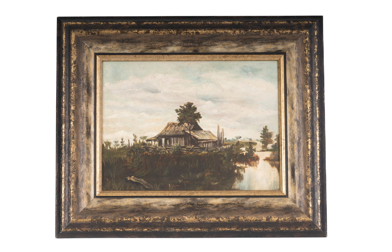 Louisiana Bayou Landscape School of W.H. Buck Oil on Board Painting: Finely painted Southern landscape depicting a rustic homestead beside a still bayou, rendered in the style of William Henry Buck (American/Louisiana, 1840-1888). The work shows the influence of Buck��
