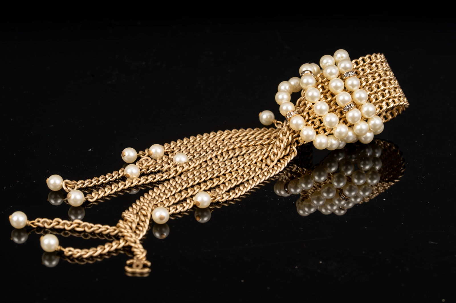Chanel Gilt Metal and Faux Pearl Tassel Brooch (1 of 3)