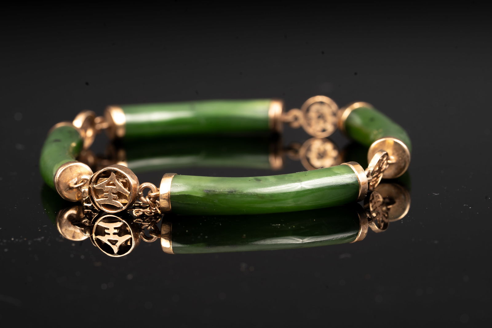 14K Yellow Gold and Spinach Jade Link Bracelet (1 of 3)