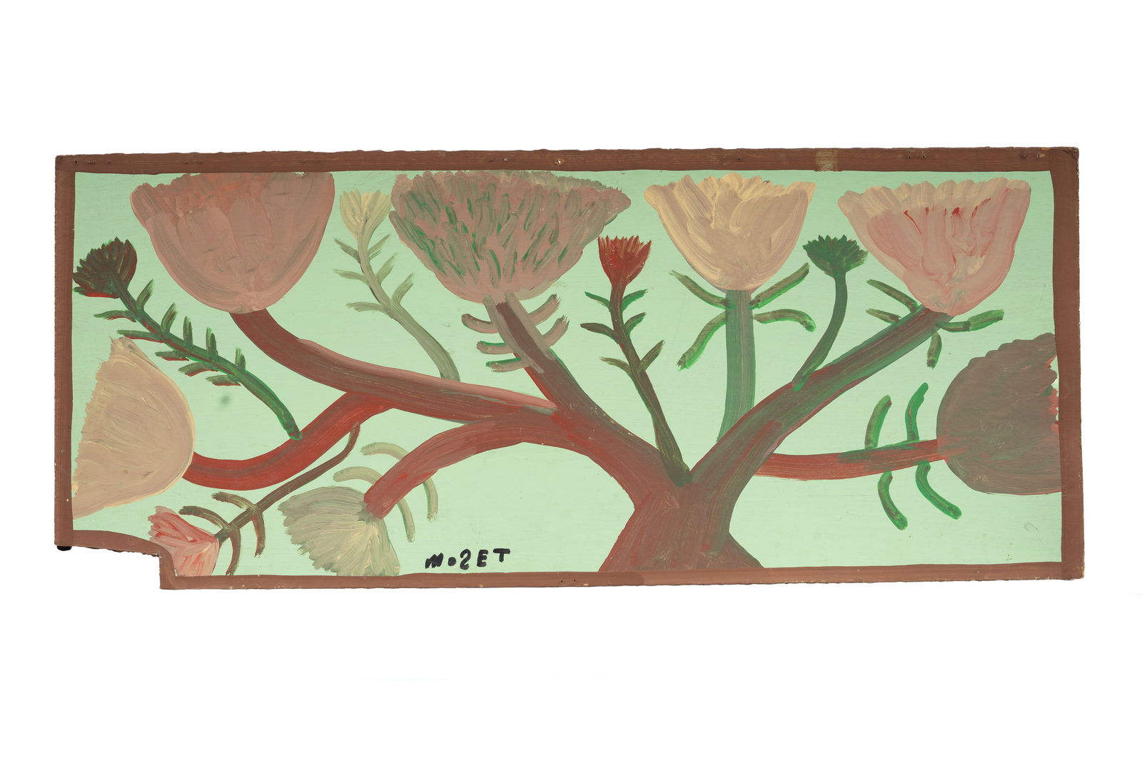 MOSE TOLLIVER - Double-Sided Sign Flowers Panel / Gasperi Gallery Outsider Art: Double-sided painting on board. One side features a stylized floral composition with branching stems on a green ground, signed near lower center. Reverse is hand-lettered "GASPERI GALLERY" in bold pai