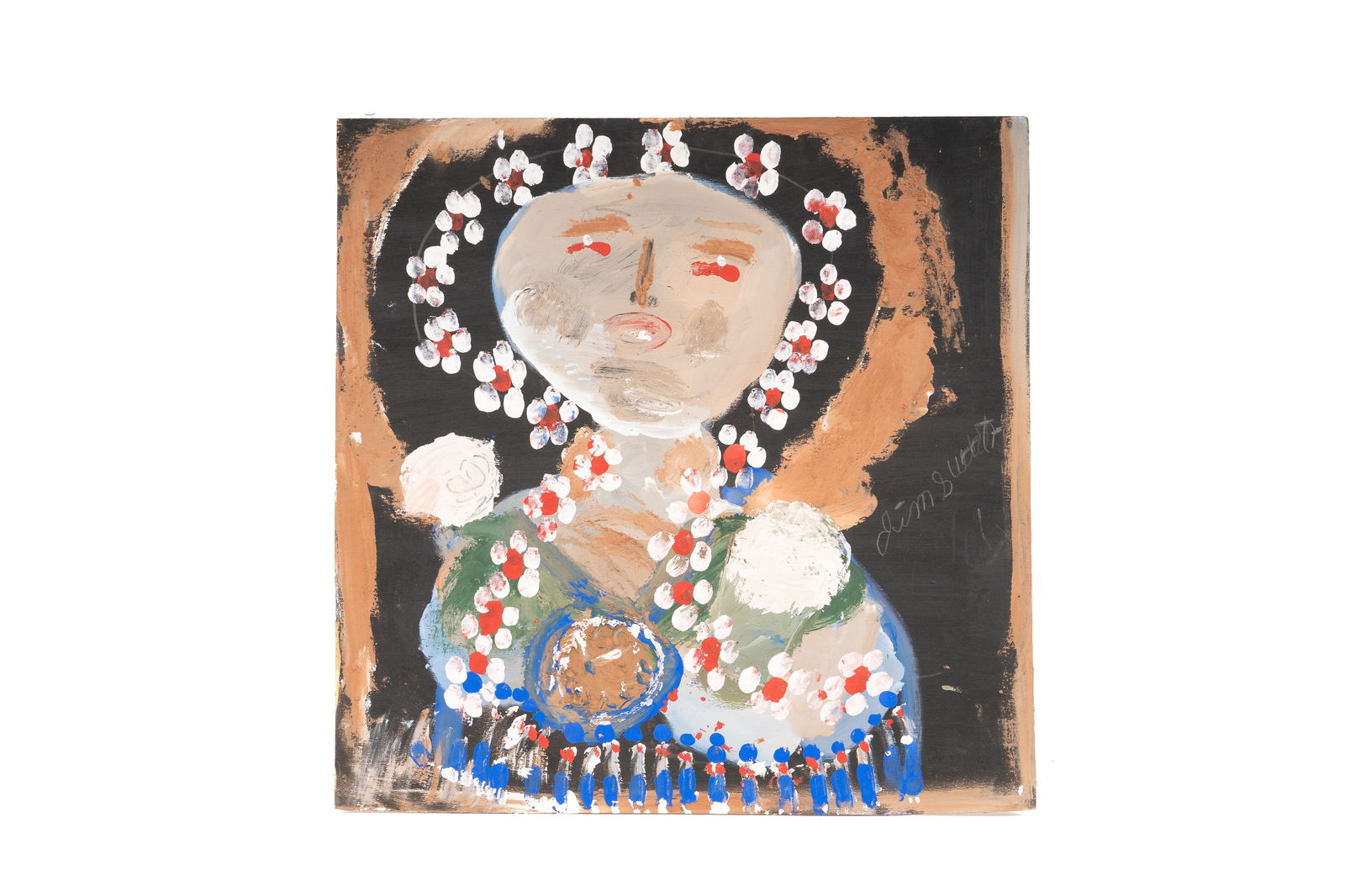 Jimmy Lee Sudduth (1910-2007), The Indian Princess -- Sweet Mud Painting on Wood: Sweet mud painting on wood panel depicting a stylized female figure identified as an "Indian Princess," a recurring subject in the artist's work. Executed in natural Alabama clay, sand, ash, and organ