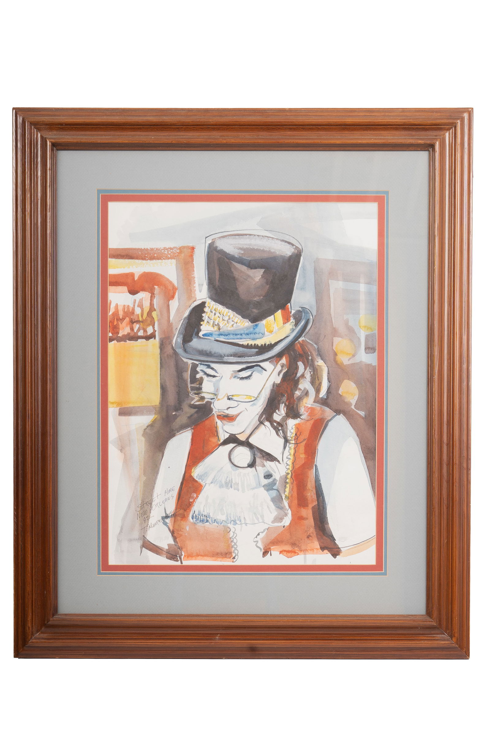 Tommy Morehead Watercolor "New Orleans meme" (Anniston, AL ): Watercolor composition by Alabama artist Tommy Morehead titled New Orleans Meme, depicting a stylized urban scene rendered with expressive line and color. The work is presented under glass in a wooden