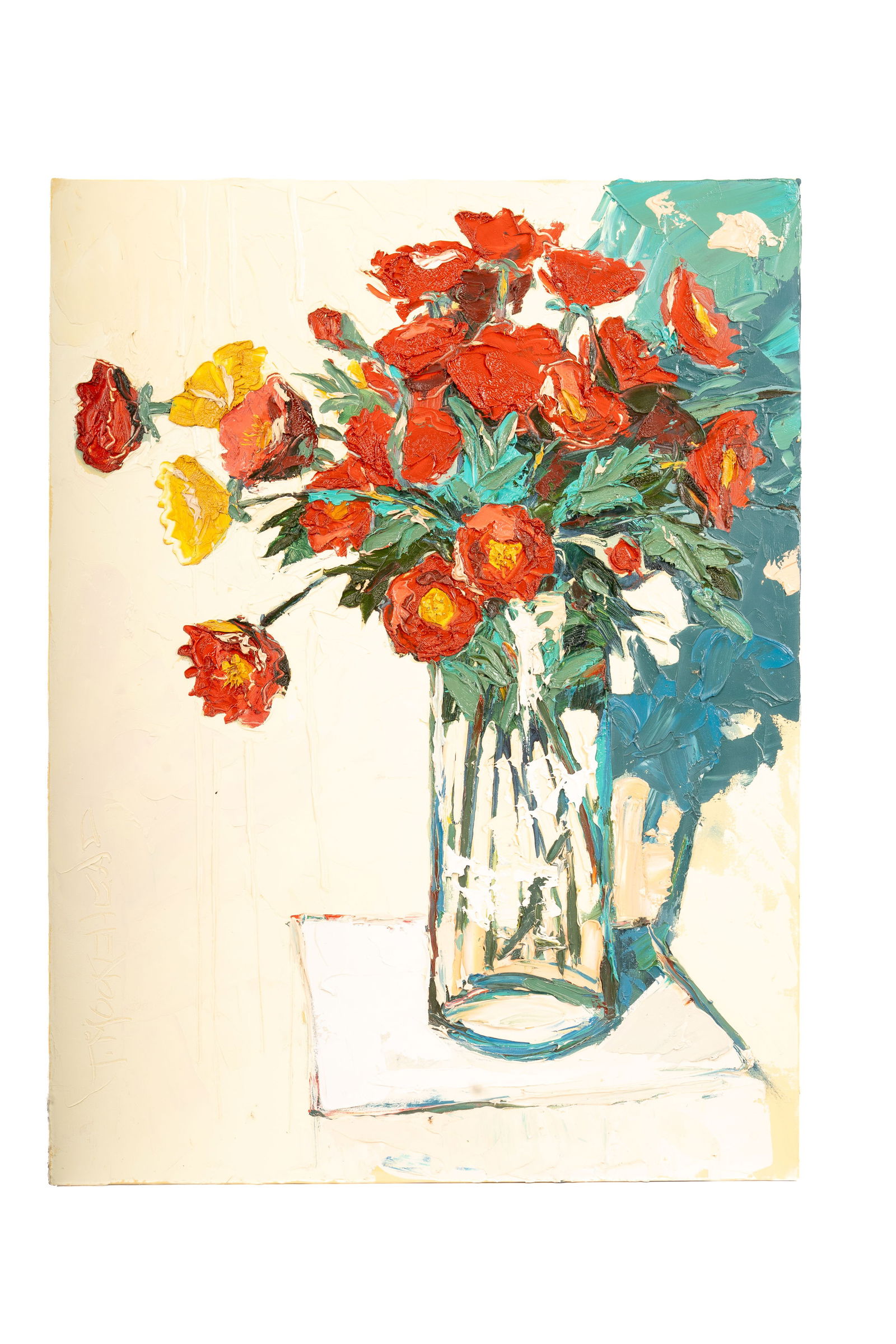 Tommy Morehead - Still Life Painting, Oil on Canvas (Anniston, AL ): Still life composition by Alabama artist Tommy Morehead depicting a floral arrangement rendered in thick, expressive oil paint with strong color contrast and textured surface. The work demonstrates a