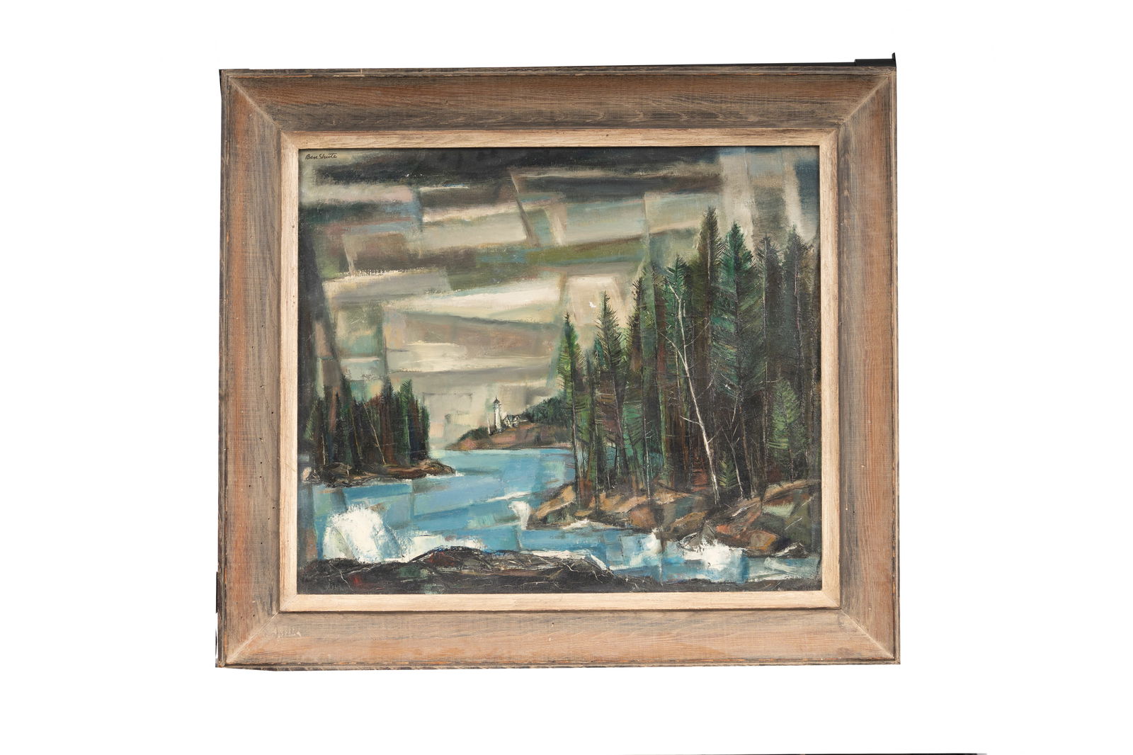Ben Shute (1905-1986) - Abstract Landscape, Oil on Canvas Painting: Abstract landscape painting by Ben Shute depicting a wooded shoreline with water and atmospheric sky, rendered in layered, gestural brushwork. The composition emphasizes mood and movement through expr