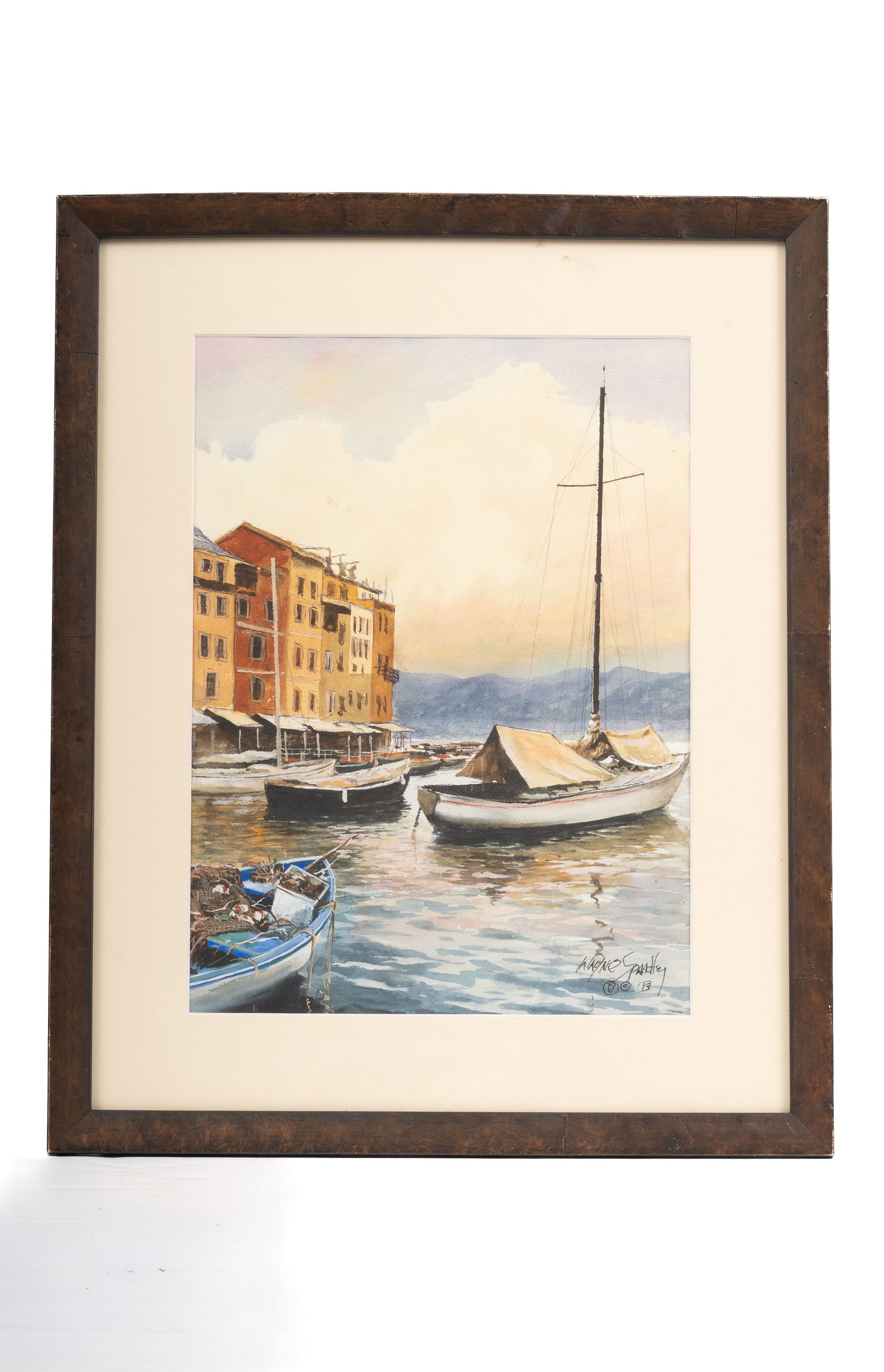 Wayne Spradley - Sailboat, Watercolor, Alabama: Watercolor drawing by Wayne Spradley depicting a sailboat moored along a waterfront with architectural elements in the background, rendered with soft tonal washes and controlled line work. The composi