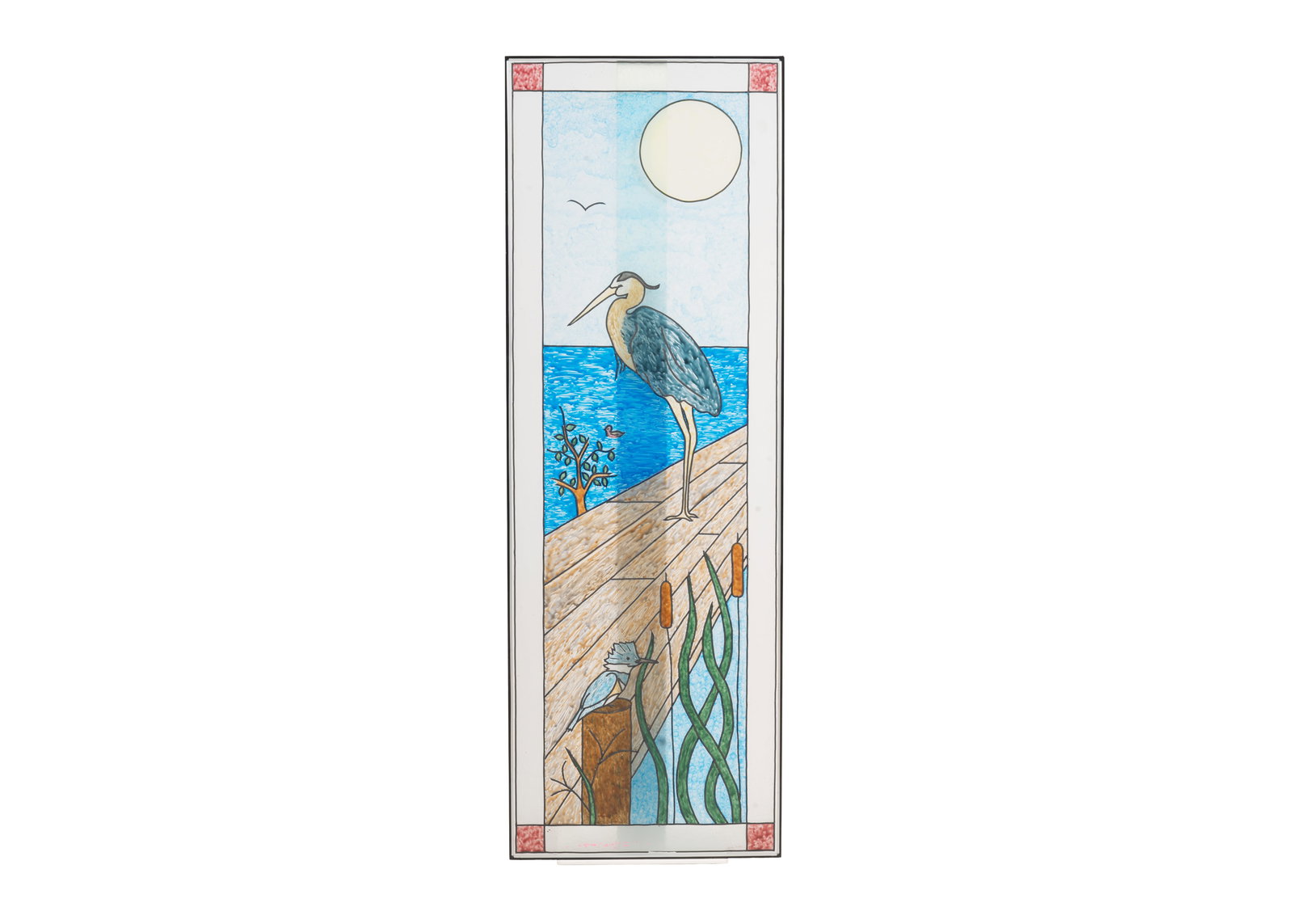 Stained Glass Panel, Great Blue Heron on Dock: Stained glass window panel depicting a heron standing along a shoreline with aquatic vegetation and birds, rendered in a vertical architectural format. The composition features layered colored glass w
