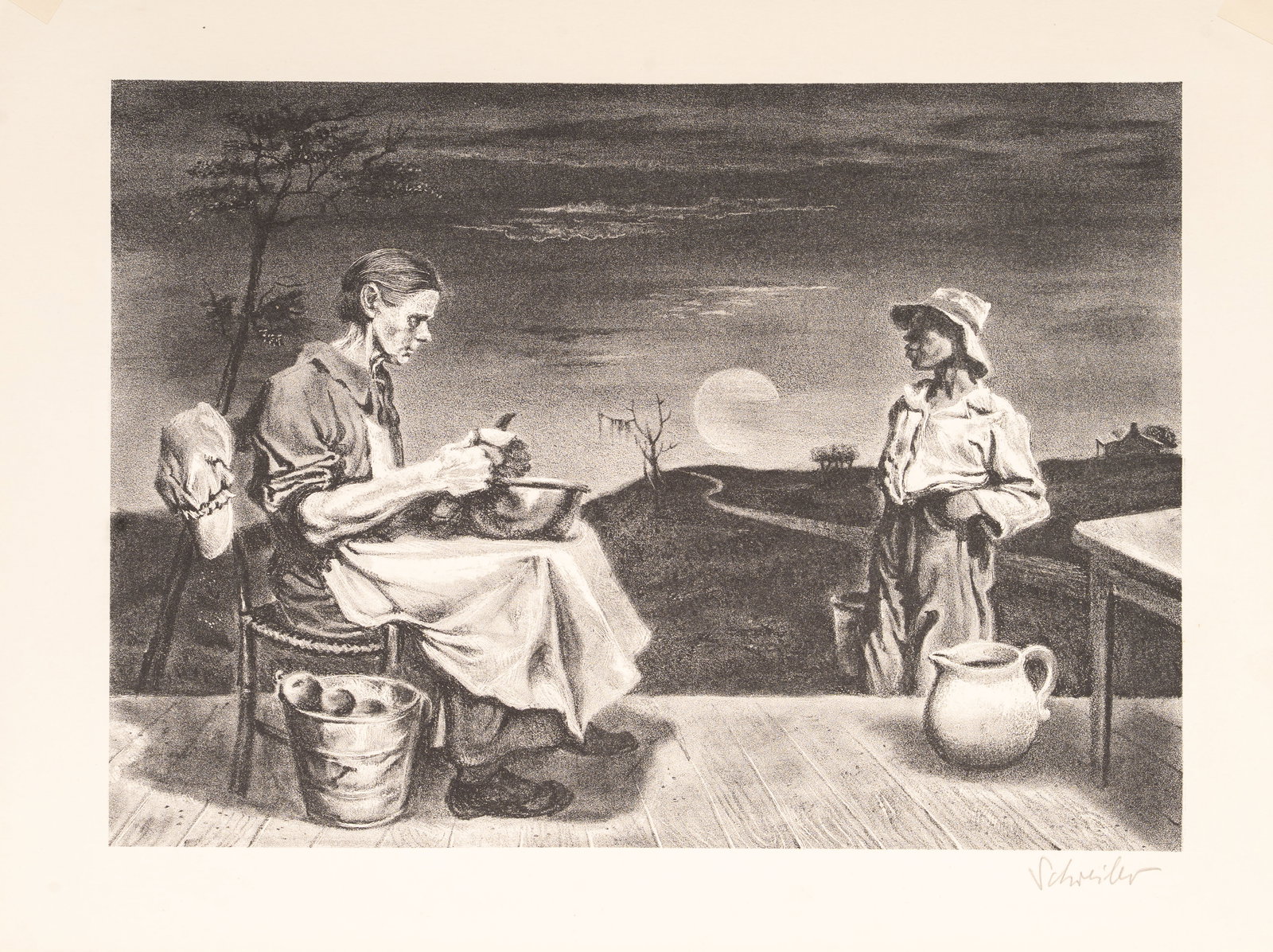 GEORGES SCHREIBER (1862-1940) Evening in South Carolina Lithograph, Signed, Associated American: Lithograph published by Associated American Artists. Signed in pencil lower right. Matted in original AAA presentation. Artist: Georges Schreiber (Belgian-born American, 1862-1940) Origin: Belgium / U
