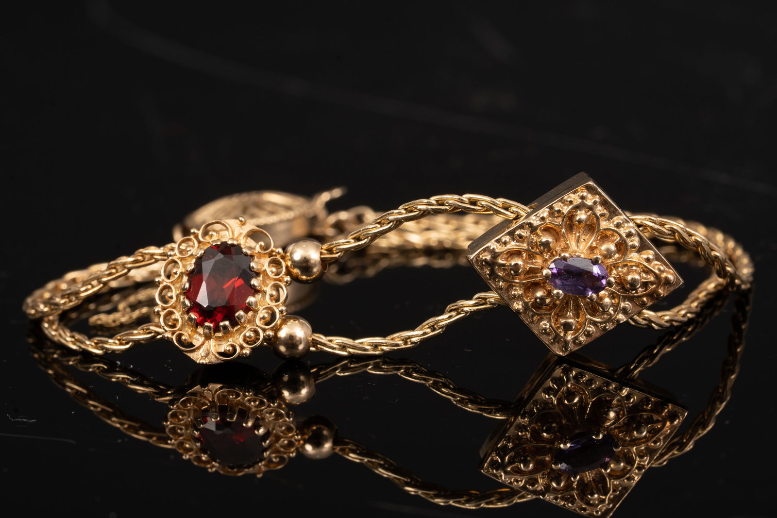 14k Gold Multi-Gem Slide RGVS (Richard Glatter) Charm Bracelet with Garnet & Amethyst (1 of 6)