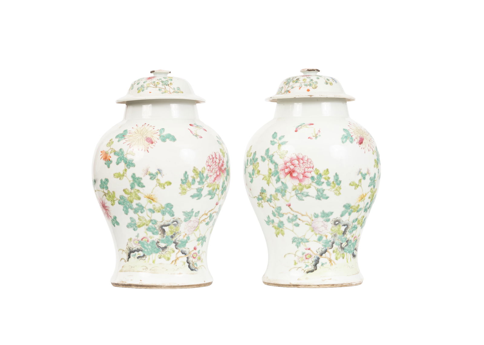 Pair Chinese Famille Rose Baluster Jars and Covers with Peony and Chrysanthemum Decoration (1 of 6)