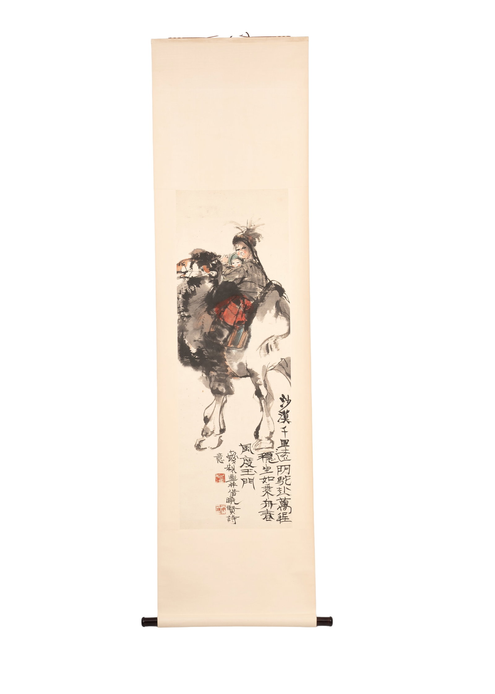 CHENG SHIFA (????, 1921-2007) SCROLL PAINTING Figure on Horseback: Vertical composition depicting a mounted figure rendered in expressive brushwork with controlled ink wash and restrained color accents. The work bears the artist's signature and seals within the paint