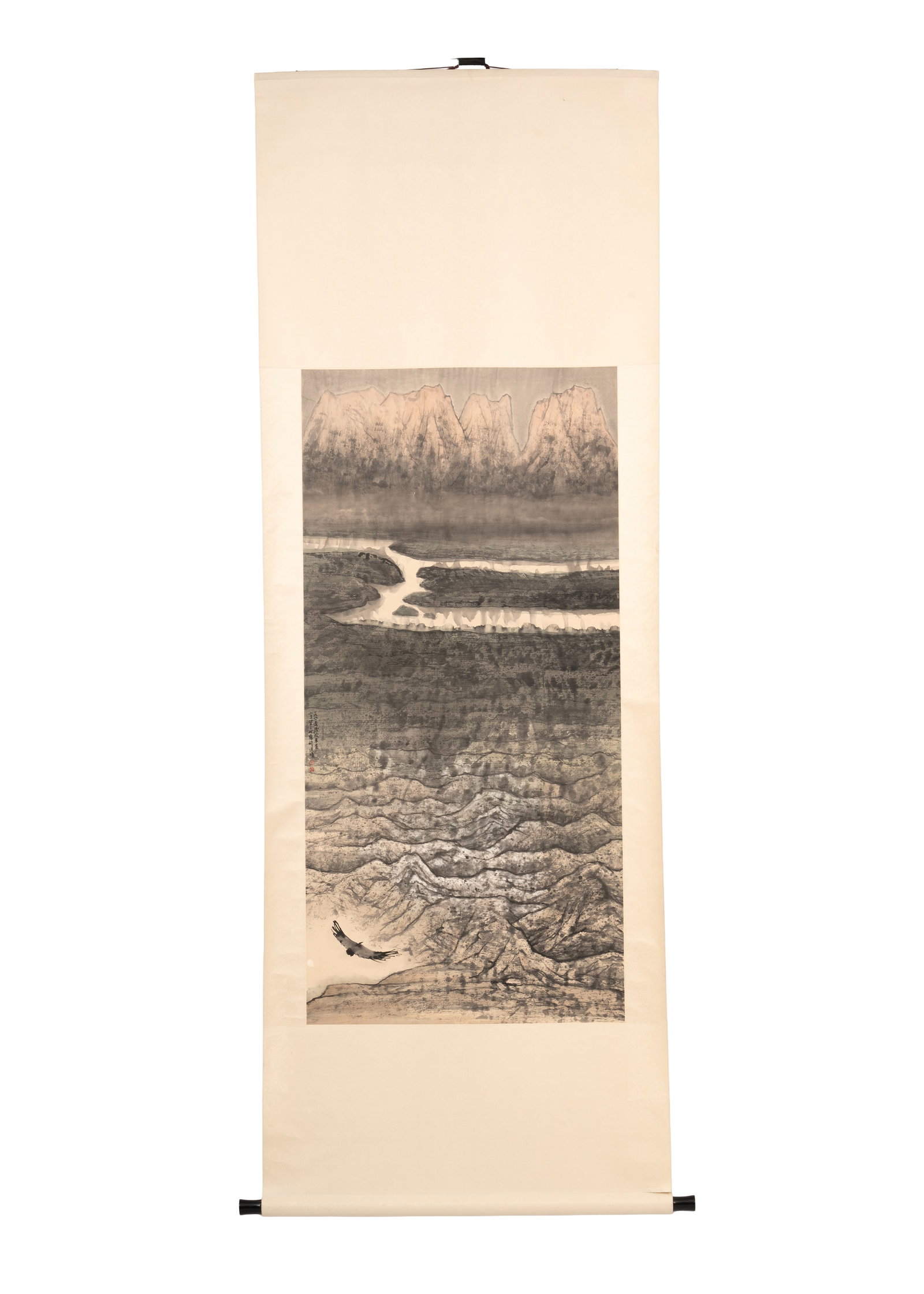 HE HUAISHUO (???) -- "Condor" Landscape Scroll Painting: Ink landscape painting on paper, mounted as a hanging scroll; depicting mountains, river, and boats, signed with red seal(s). Acquired in China in the 1970s; museum accession labels present. Artist: H
