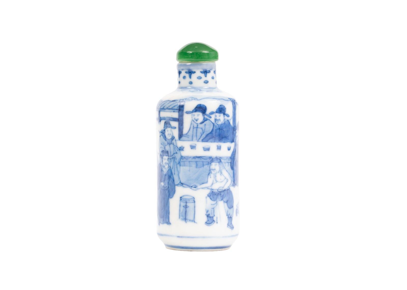 Chinese Blue and White Porcelain Snuff Bottle with Figural Scene: A finely painted Chinese blue and white porcelain snuff bottle of cylindrical form with gently rounded shoulders and short straight neck. The body is decorated in underglaze cobalt with a continuous