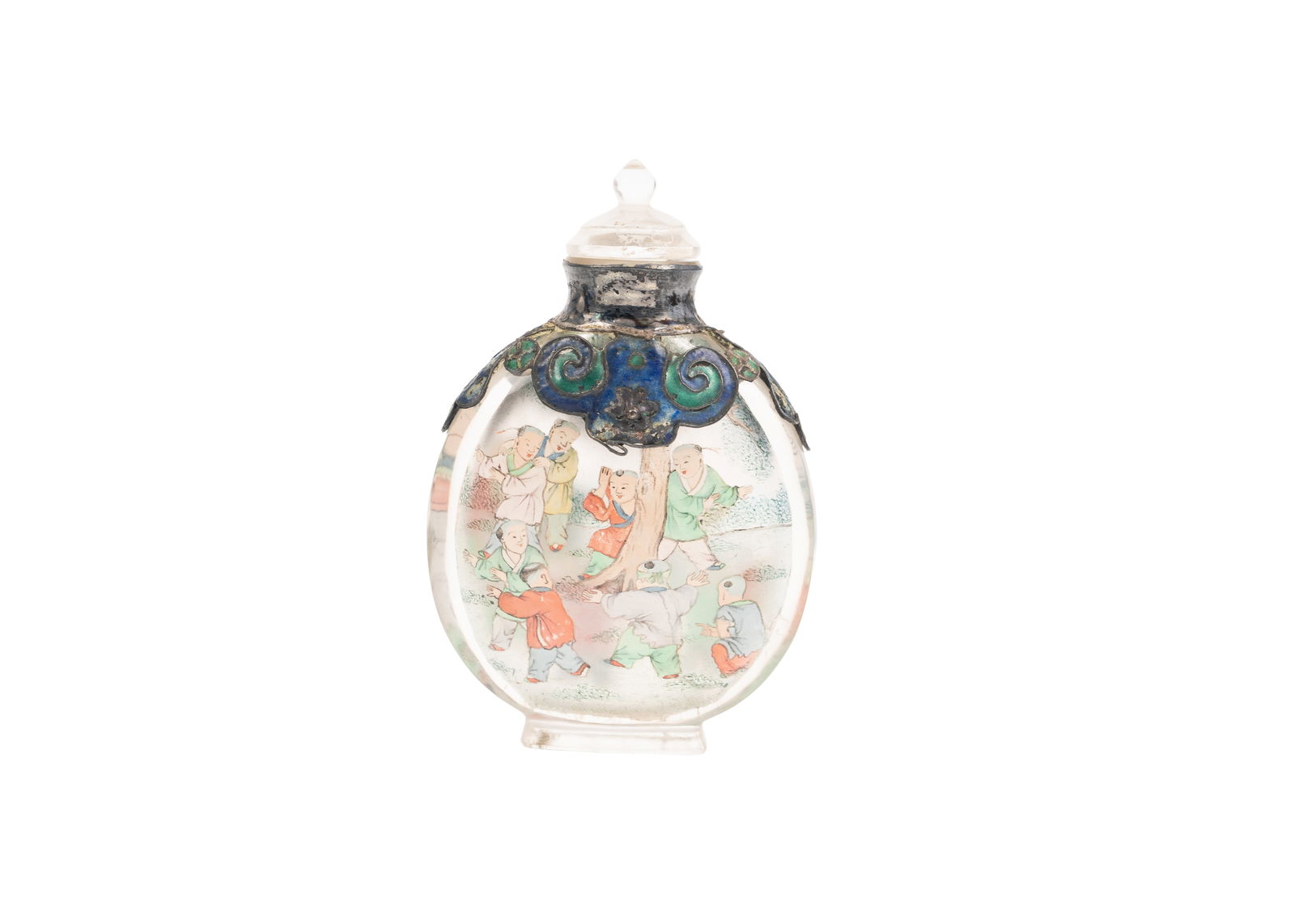 Chinese Inside Painted Glass Snuff Bottle with Enameled Silver Mount: A Chinese inside-painted glass snuff bottle of flattened ovoid form, decorated with a lively scene of boys at play in a garden landscape. The bottle is mounted at the shoulder with an ornate silver