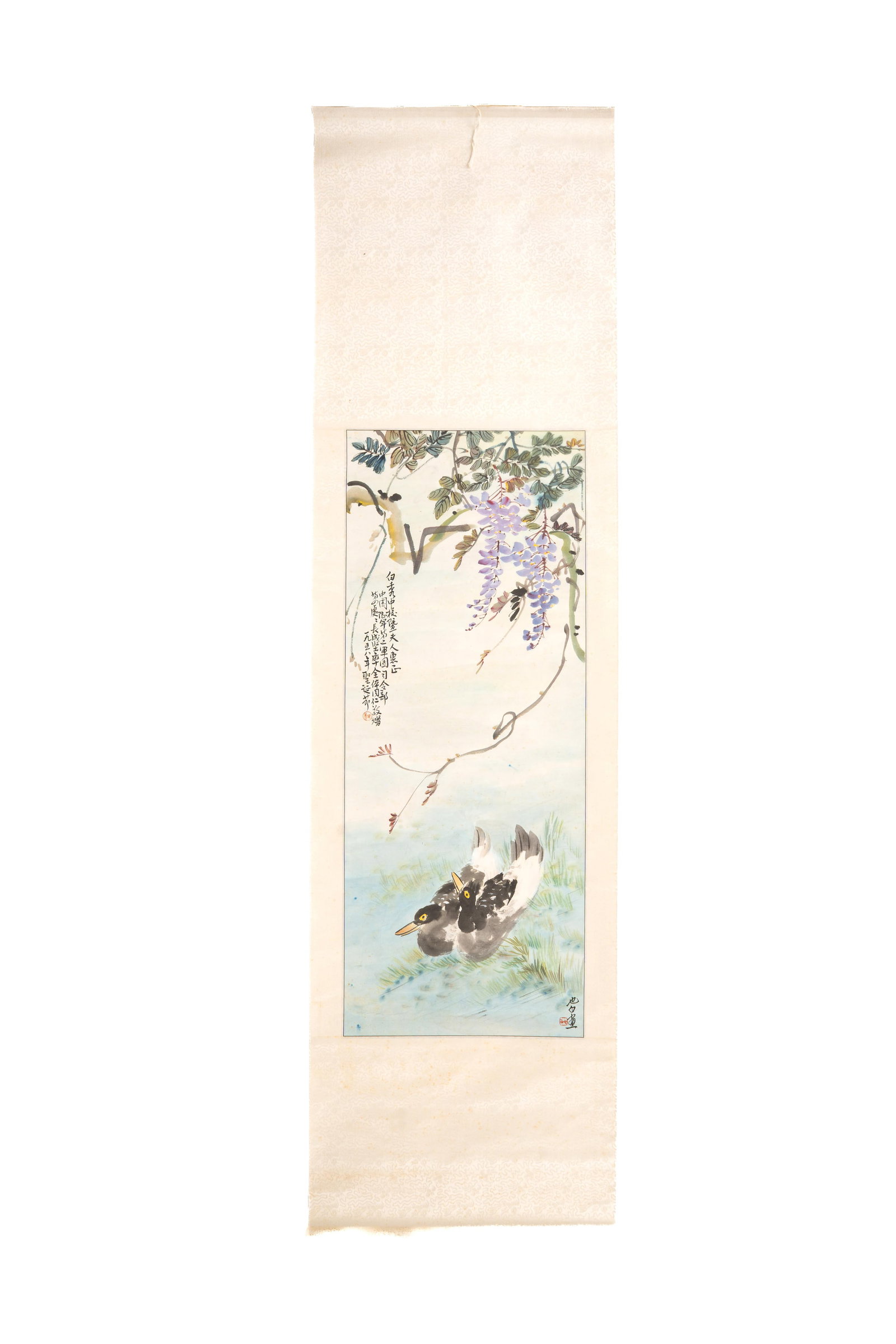 Contemporary Chinese Hanging Scroll Painting of Ducks: Contemporary Chinese hanging scroll painting depicting ducks. Origin: China Date: Contemporary Dimensions: Painting: 15" x 37 1/2" Scroll: 71" x 19 1/4" Condition notes are provided as a courtesy. The