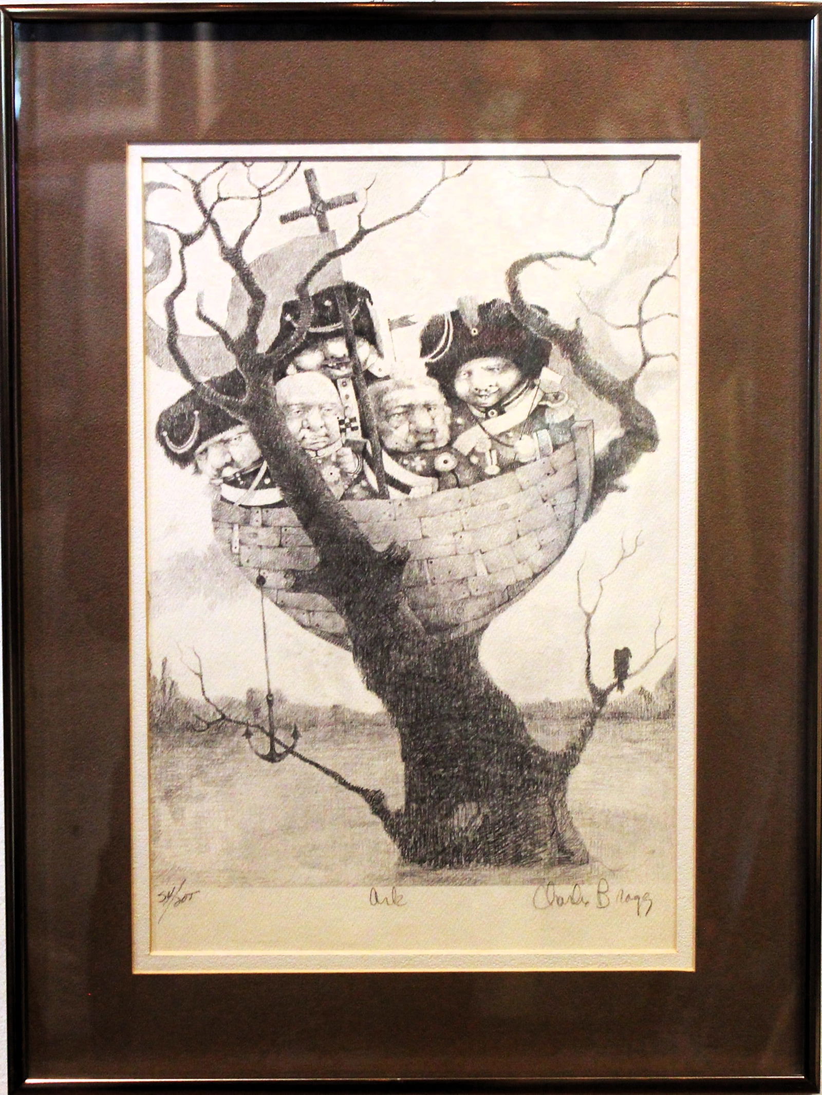 Charles Bragg 'The Ark': Charles Ray Bragg (American b. 1931 - 2017). Vintage Etching ?The Ark? a charming and sharp-witted work that visually embodies his humorous yet biting commentary on human nature. Take off the painting