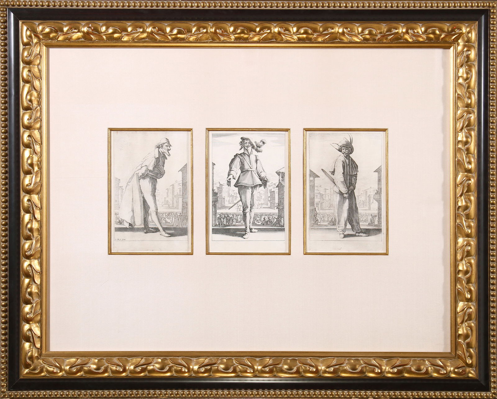 Jacques Callot 'Les Trois Pantalons': ca.1618- The three prints show principal actors in the Comedien,Framed,Dimensions:31 3/8" H * 39 3/8" W * 2" D-