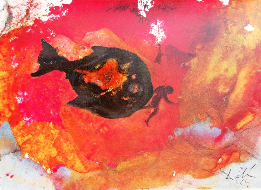Biblia Sacra: Ionas In Ventre Piscis: ARTIST: Salvador Dali TITLE: Biblia Sacra: Ionas In Ventre Piscis (Jonah In The Belly Of The Fish) 3-17 YEAR: 1964 MEDIUM: Color lithograph on heavy rag paper SIGNATURE: Signed and dated in the stone,