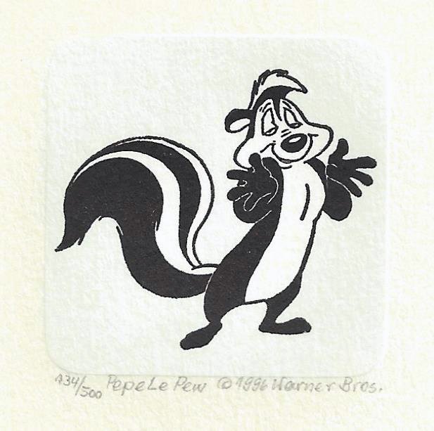 Pepe Le Pew: ARTIST: Warner Bros. Studio TITLE: Pepe Le Pew MEDIUM: Original etching IMAGE SIZE: 1.75 x 1.75 in. PAPER SIZE: 4 x 4 in. SIGNATURE: signed by Warner Bros. EDITION: limited edition of 500 CONDITION: E