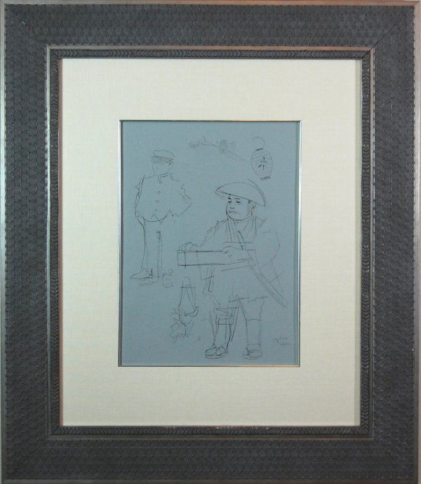 601007: ARTIST: Jack Levine TITLE: Toy Bird Vendor YEAR: c.1950-1960 MEDIUM: Original pochoir on Ingres paper IMAGE SIZE: 12 1/4' x 19' SIGNATURE: Unsigned. EDITION: 'Facing East', 1970. Original pochoir were