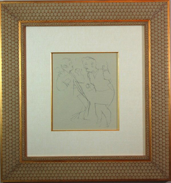 601009: ARTIST: Jack Levine TITLE: Untitiled 2 YEAR: c.1950-1960 MEDIUM: Original pochoir on Ingres paper IMAGE SIZE: 12 1/4' x 19' SIGNATURE: Unsigned. EDITION: 'Facing East', 1970. Original pochoir were pri