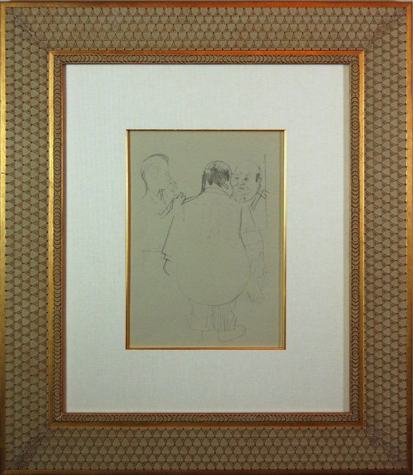 601012: ARTIST: Jack Levine TITLE: Untitled 4 YEAR: c.1950-1960 MEDIUM: Original pochoir on Ingres paper IMAGE SIZE: 12 1/4' x 19' SIGNATURE: Unsigned. EDITION: 'Facing East', 1970. Original pochoir were prin