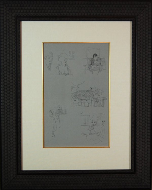 601023: ARTIST: Jack Levine TITLE: Untitled 11 YEAR: c.1950-1960 MEDIUM: Original pochoir on Ingres paper IMAGE SIZE: 12 1/4' x 19' SIGNATURE: Unsigned. EDITION: 'Facing East', 1970. Original pochoirs were pr