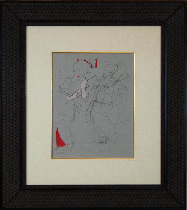 601039: ARTIST: Jack Levine TITLE: Dancing Geishas YEAR: c.1950-1960 MEDIUM: Original pochoir on Ingres paper with hand coloring IMAGE SIZE: 12 1/4' x 19' SIGNATURE: Unsigned. EDITION: 'Facing East', 1970. Or