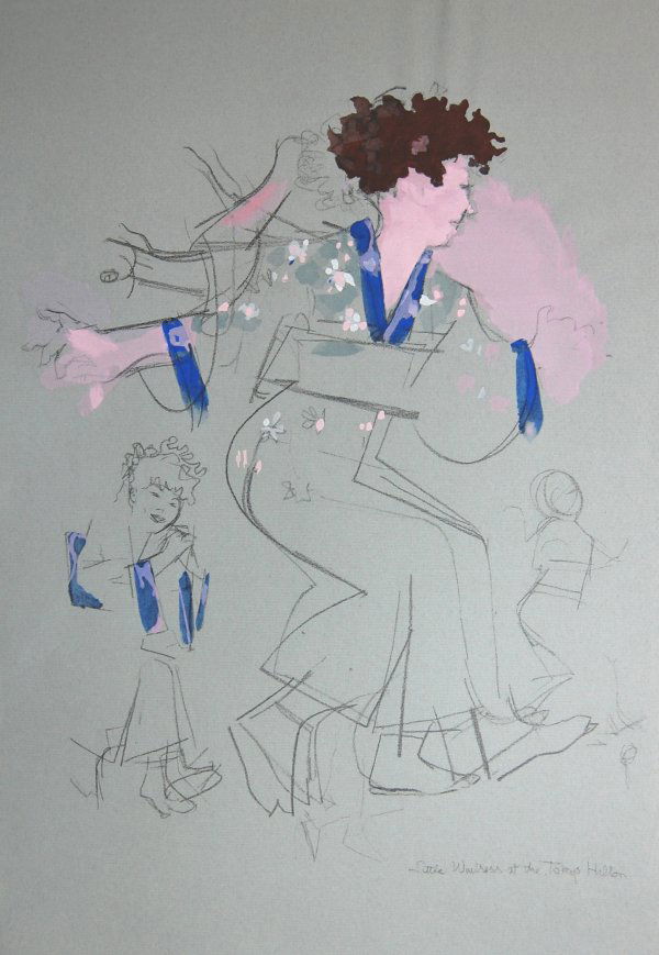 Little Waitress at the Tokyo Hilton: ARTIST: Jack Levine TITLE: Little Waitress at the Tokyo Hilton YEAR: c.1950-1960 MEDIUM: Original pochoir on Ingres paper with hand coloring IMAGE SIZE: 12 1/4 x 19' SIGNATURE: Unsigned. EDITION: 'Fac