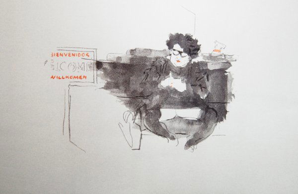 Untitled 17: ARTIST: Jack Levine TITLE: Untitled 17 YEAR: c.1950-1960 MEDIUM: original pochoir on ingres paper with hand coloring IMAGE SIZE: 12 1/4 x 19 in. SIGNATURE: unsigned EDITION: 'Facing East', 1970. Origi