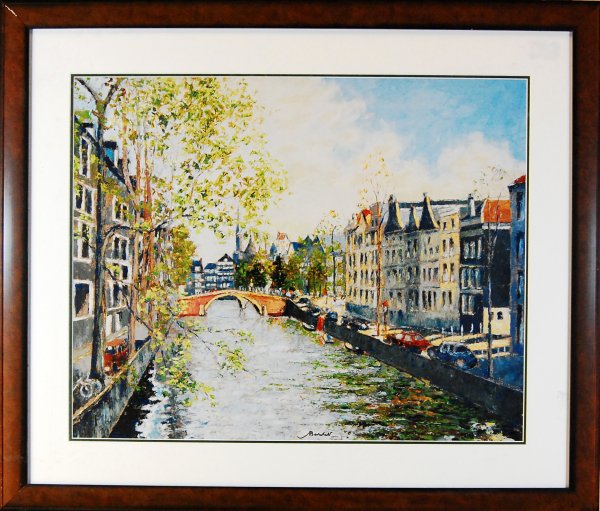 Amsterdam-Le Canal: ARTIST: Andre Bardet TITLE: Amsterdam-Le Canal MEDIUM: offset lithograph with serigraph enhancement on paper IMAGE SIZE: 24 x 30 in. FRAMED SIZE: 33.5 x 39.5 in. SIGNATURE: signed lower center EDITION
