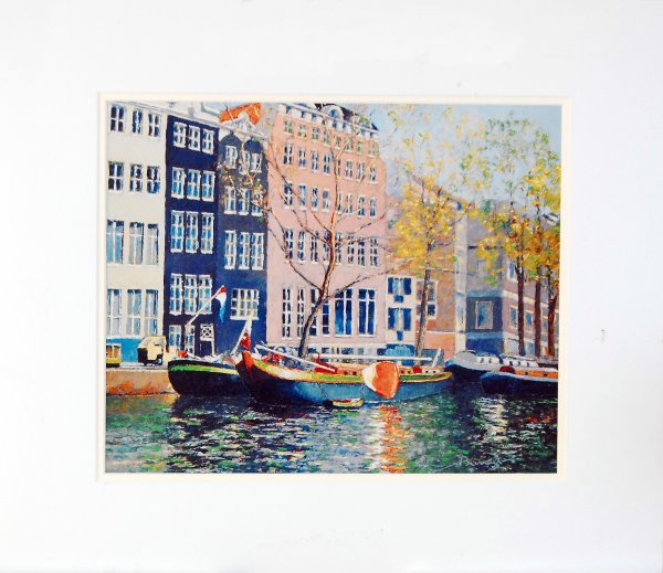 Amsterdam: ARTIST: Andre Bardet TITLE: Amsterdam MEDIUM: offset lithograph with serigraph enhancement on pape IMAGE SIZE: 11 x 13.5 in. SIGNATURE: signed lower right EDITION: numbered from the edition of 29, low