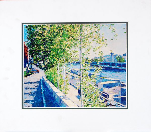 Les Quais: ARTIST: Andre Bardet TITLE: Les Quais MEDIUM: offset lithograph with serigraph enhancement on pape IMAGE SIZE: 13.5 x 11 in. SIGNATURE: signed lower right EDITION: numbered from the edition of 950, lo