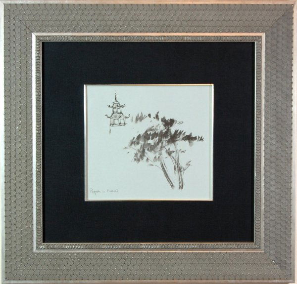 Pagoda in Hakone: ARTIST: Jack Levine (1950-1960) TITLE: Pagoda in Hakone YEAR: c.1970 MEDIUM: Original pochoir on Ingres paper IMAGE SIZE: 12.25 x 19 in. EDITION: 'Facing East', 1970. CONDITION: Excellent.