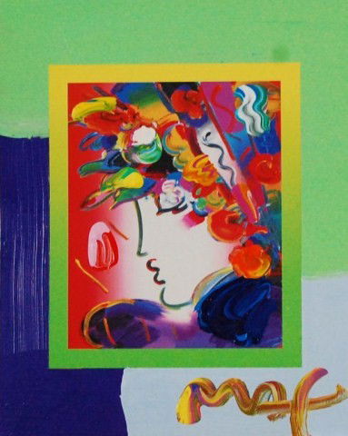 Peter Max: Blushing Beauty on Blends 2007 #2234: ARTIST: Peter Max TITLE: Blushing Beauty on Blends 2007 #2234 YEAR:2007 MEDIUM: Mixed media with acrylic painting on paper IMAGE SIZE: 10 X 8 SIGNATURE: Signed in paint, lower right EDITION:Unknown RE